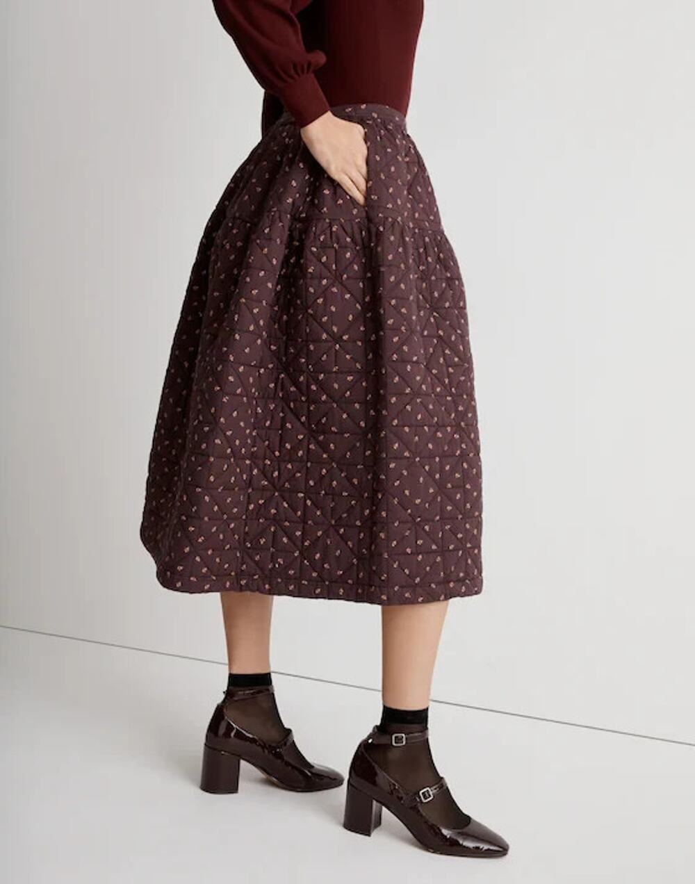 NWT Madewell Quilted Crinkle Cotton Midi Chocolate Raisin Charming Daisy Skirt M